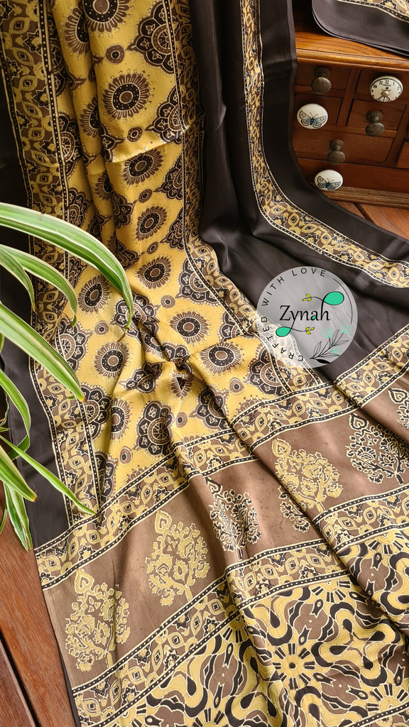 Zynah Pure Modal Silk Ajrakh Saree with Handblock Prints; Custom Stitched/Ready-made Blouse, Fall, Petticoat; Shipping available USA, Worldwide