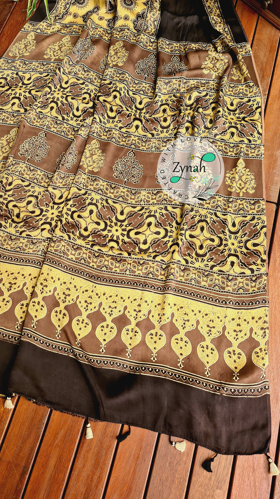 Zynah Pure Modal Silk Ajrakh Saree with Handblock Prints; Custom Stitched/Ready-made Blouse, Fall, Petticoat; Shipping available USA, Worldwide