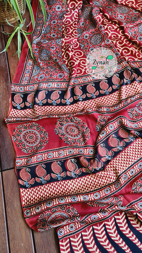 Zynah Pure Modal Silk Ajrakh Saree with Handblock Prints; Custom Stitched/Ready-made Blouse, Fall, Petticoat; Shipping available USA, Worldwide