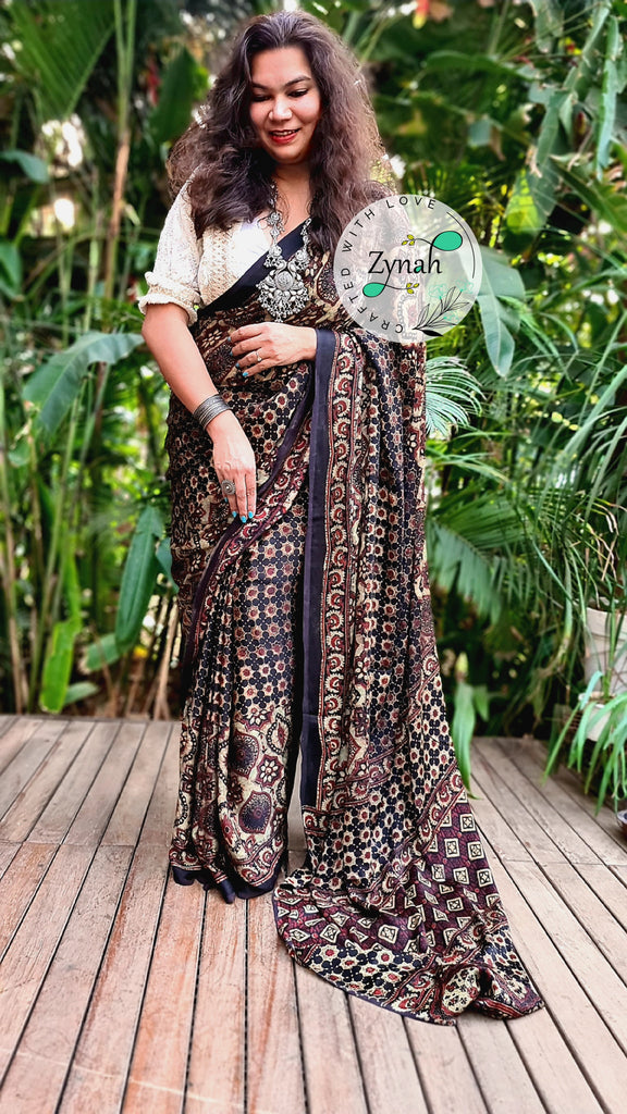 Zynah Pure Modal Silk Ajrakh Saree with Handblock Prints; Custom Stitched/Ready-made Blouse, Fall, Petticoat; Shipping available USA, Worldwide