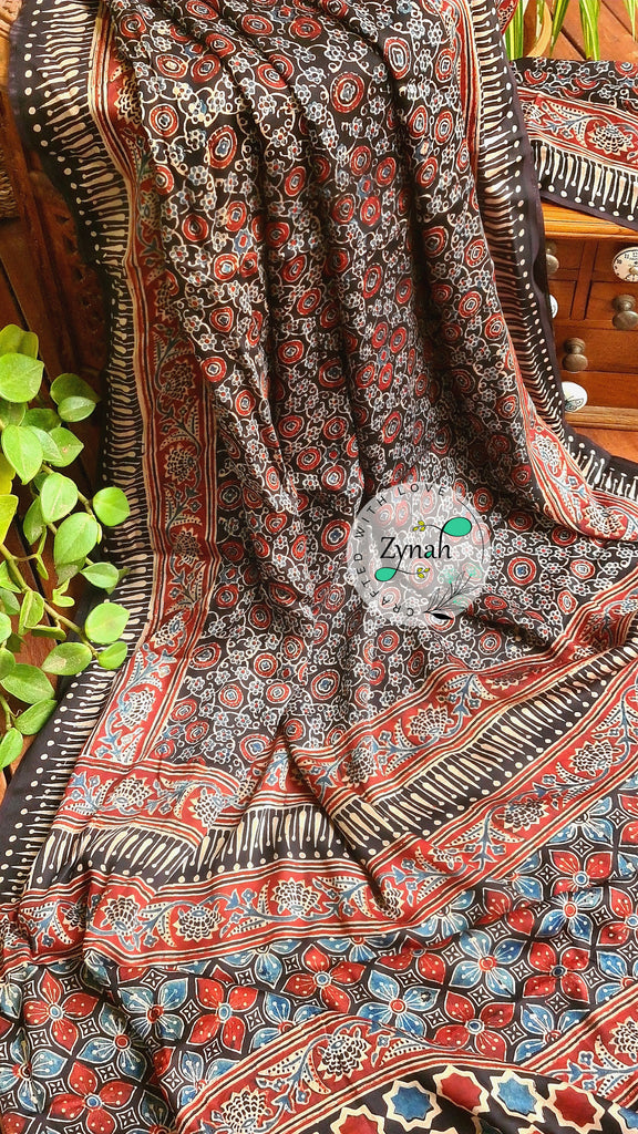 Zynah Pure Modal Silk Ajrakh Saree with Handblock Prints; Custom Stitched/Ready-made Blouse, Fall, Petticoat; Shipping available USA, Worldwide