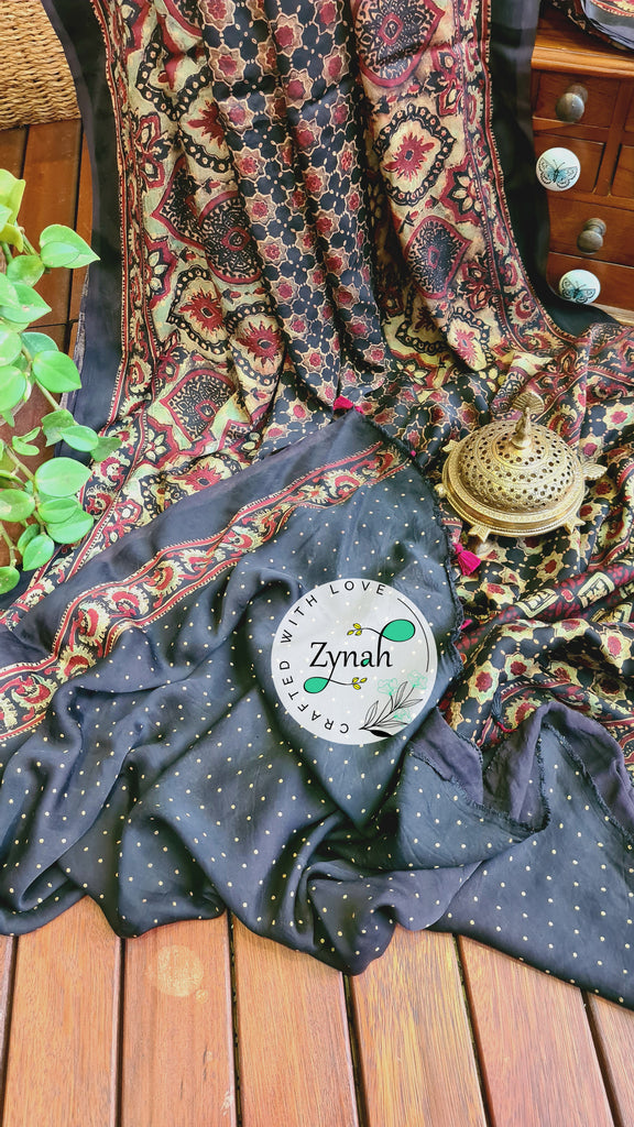 Zynah Pure Modal Silk Ajrakh Saree with Handblock Prints; Custom Stitched/Ready-made Blouse, Fall, Petticoat; Shipping available USA, Worldwide