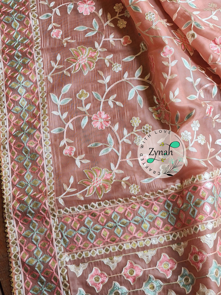 Zynah Pure Organza Silk Saree with Gotapatti Lace, Foil & Thread Embroidery Work; Custom Stitched/Ready-made Blouse, Fall, Petticoat; Shipping available USA, Worldwide