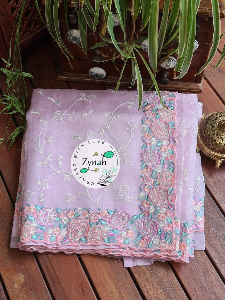 Zynah Pure Organza Silk Saree with Scalloped Border, Thread Embroidery & Sequence Work; Custom Stitched/Ready-made Blouse, Fall, Petticoat; Shipping available USA, Worldwide