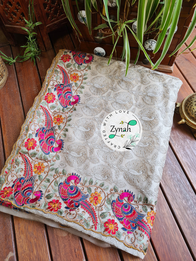 Zynah Designer Pure Kora Silk Saree with Scalloped Border & Thread Embroidery; Custom Stitched/Ready-made Blouse, Fall, Petticoat; Shipping available USA, Worldwide