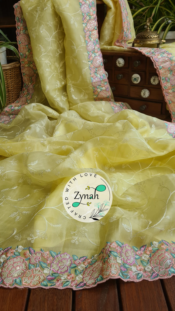 Zynah Pure Organza Silk Saree with Scalloped Border, Thread Embroidery & Sequence Work; Custom Stitched/Ready-made Blouse, Fall, Petticoat; Shipping available USA, Worldwide