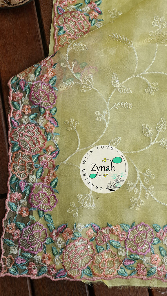 Zynah Pure Organza Silk Saree with Scalloped Border, Thread Embroidery & Sequence Work; Custom Stitched/Ready-made Blouse, Fall, Petticoat; Shipping available USA, Worldwide