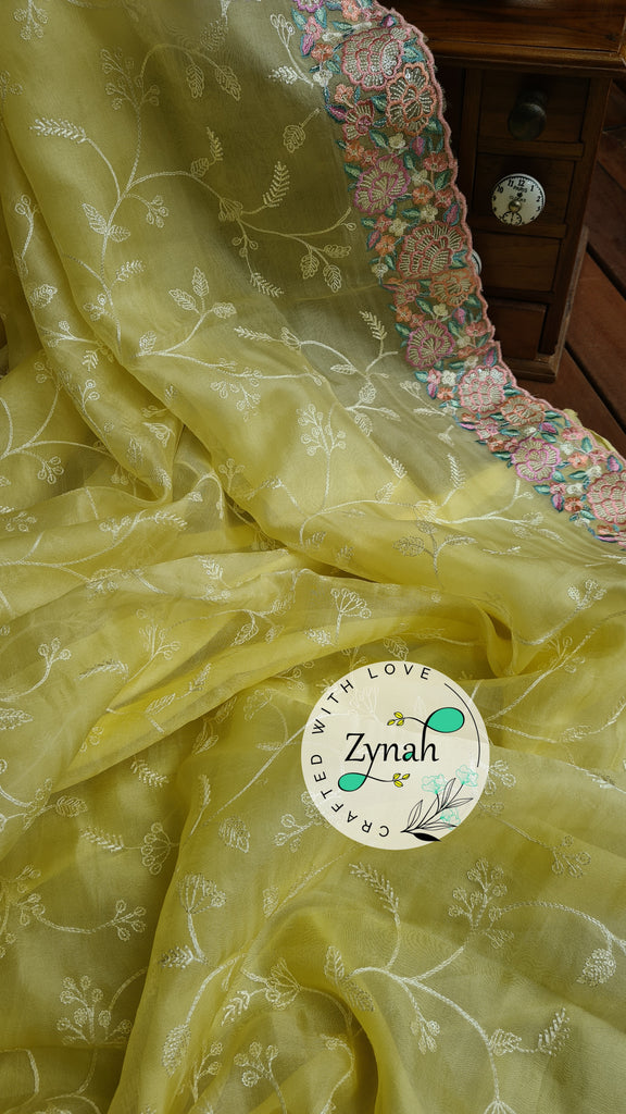 Zynah Pure Organza Silk Saree with Scalloped Border, Thread Embroidery & Sequence Work; Custom Stitched/Ready-made Blouse, Fall, Petticoat; Shipping available USA, Worldwide