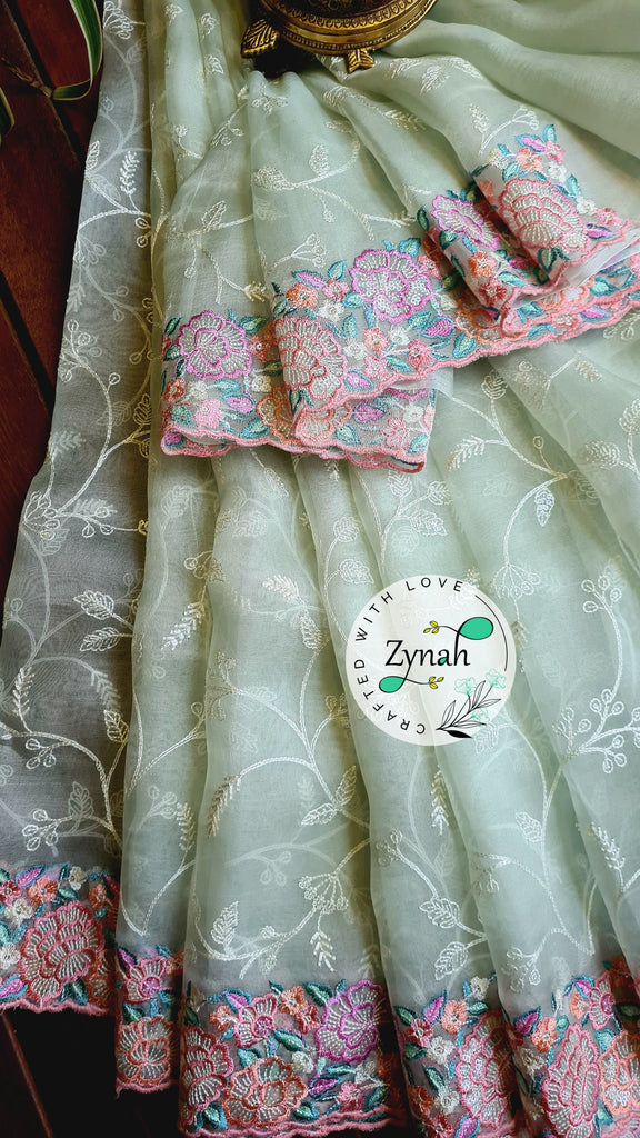 Zynah Pure Organza Silk Saree with Scalloped Border, Thread Embroidery & Sequence Work; Custom Stitched/Ready-made Blouse, Fall, Petticoat; Shipping available USA, Worldwide