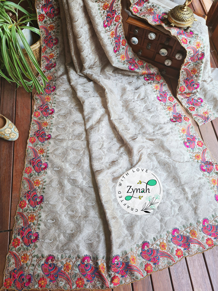 Zynah Designer Pure Kora Silk Saree with Scalloped Border & Thread Embroidery; Custom Stitched/Ready-made Blouse, Fall, Petticoat; Shipping available USA, Worldwide