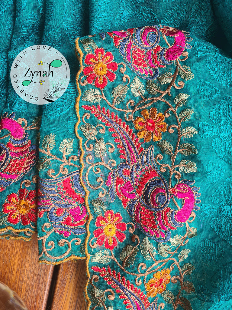 Zynah Designer Pure Kora Silk Saree with Scalloped Border & Thread Embroidery; Custom Stitched/Ready-made Blouse, Fall, Petticoat; Shipping available USA, Worldwide