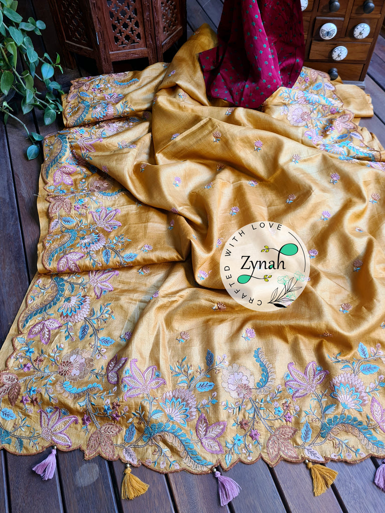 Zynah Pure Tussar Silk Embroidered Saree with Scalloped Border & 2 blouse pieces; Custom Stitched/Ready-made Blouse, Fall, Petticoat; Shipping available USA, Worldwide