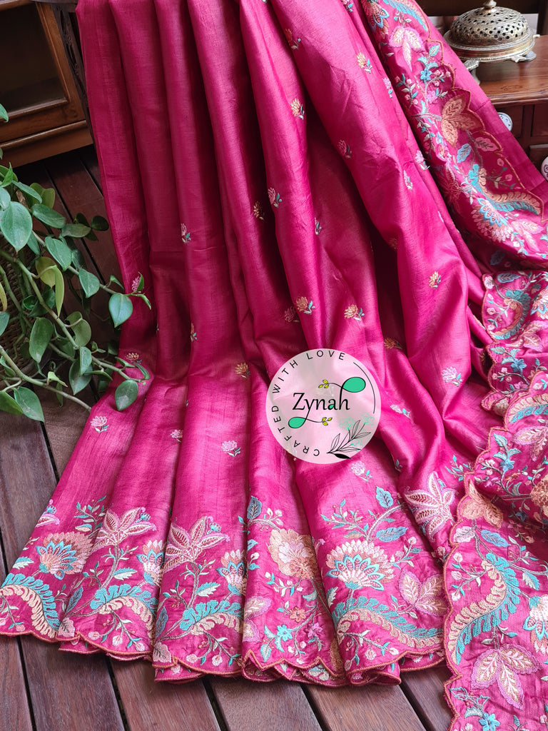 Zynah Pure Tussar Silk Embroidered Saree with Scalloped Border & 2 blouse pieces; Custom Stitched/Ready-made Blouse, Fall, Petticoat; Shipping available USA, Worldwide