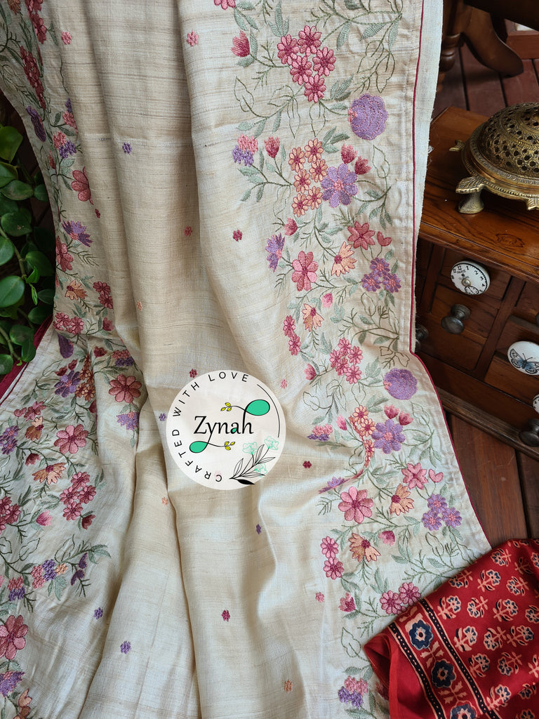 Zynah Pure Tussar Silk Embroidered Saree with 2 blouse pieces; Custom Stitched/Ready-made Blouse, Fall, Petticoat; Shipping available USA, Worldwide