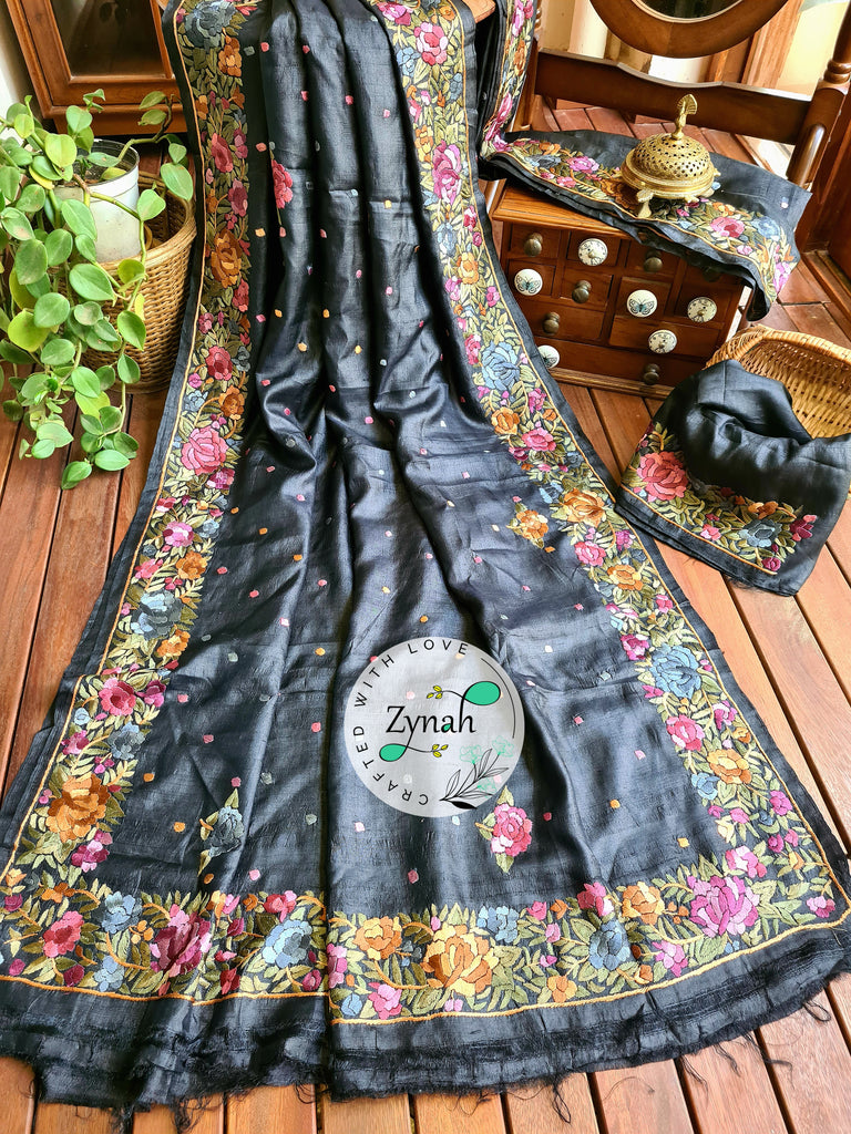 Zynah Made to Order Pure Tussar Silk Parsi Gara Handcrafted Saree; Custom Stitched/Ready-made Blouse, Fall, Petticoat; Shipping available USA, Worldwide