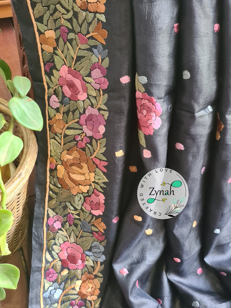 Zynah Made to Order Pure Tussar Silk Parsi Gara Handcrafted Saree; Custom Stitched/Ready-made Blouse, Fall, Petticoat; Shipping available USA, Worldwide