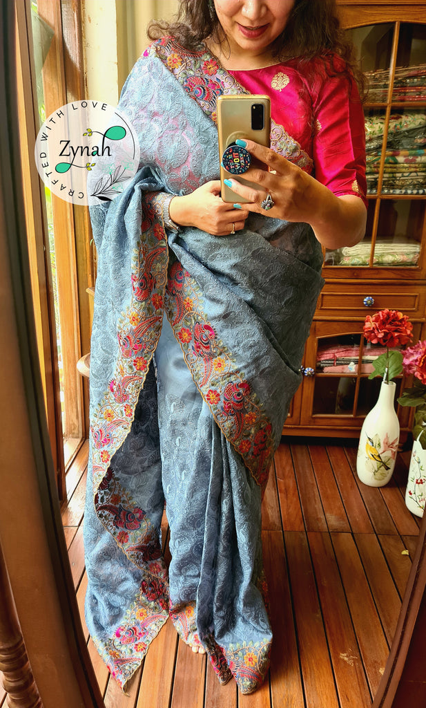Zynah Designer Pure Kora Silk Saree with Scalloped Border & Thread Embroidery; Custom Stitched/Ready-made Blouse, Fall, Petticoat; Shipping available USA, Worldwide