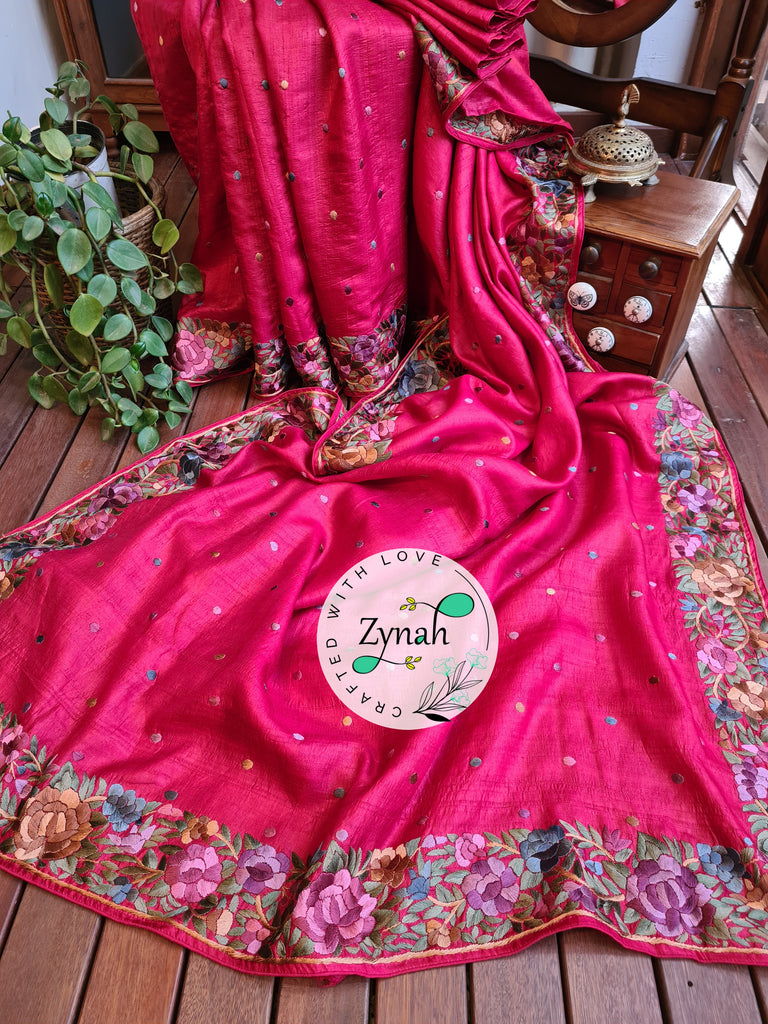Zynah Made to Order Pure Tussar Silk Parsi Gara Handcrafted Saree; Custom Stitched/Ready-made Blouse, Fall, Petticoat; Shipping available USA, Worldwide