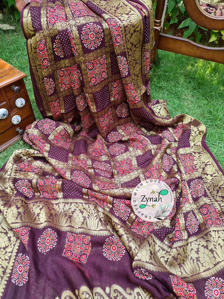 Zynah Pure Munga Silk Saree with Ajrakh Prints & Gharchola Zari Weave; Custom Stitched/Ready-made Blouse, Fall, Petticoat; Shipping available USA, Worldwide