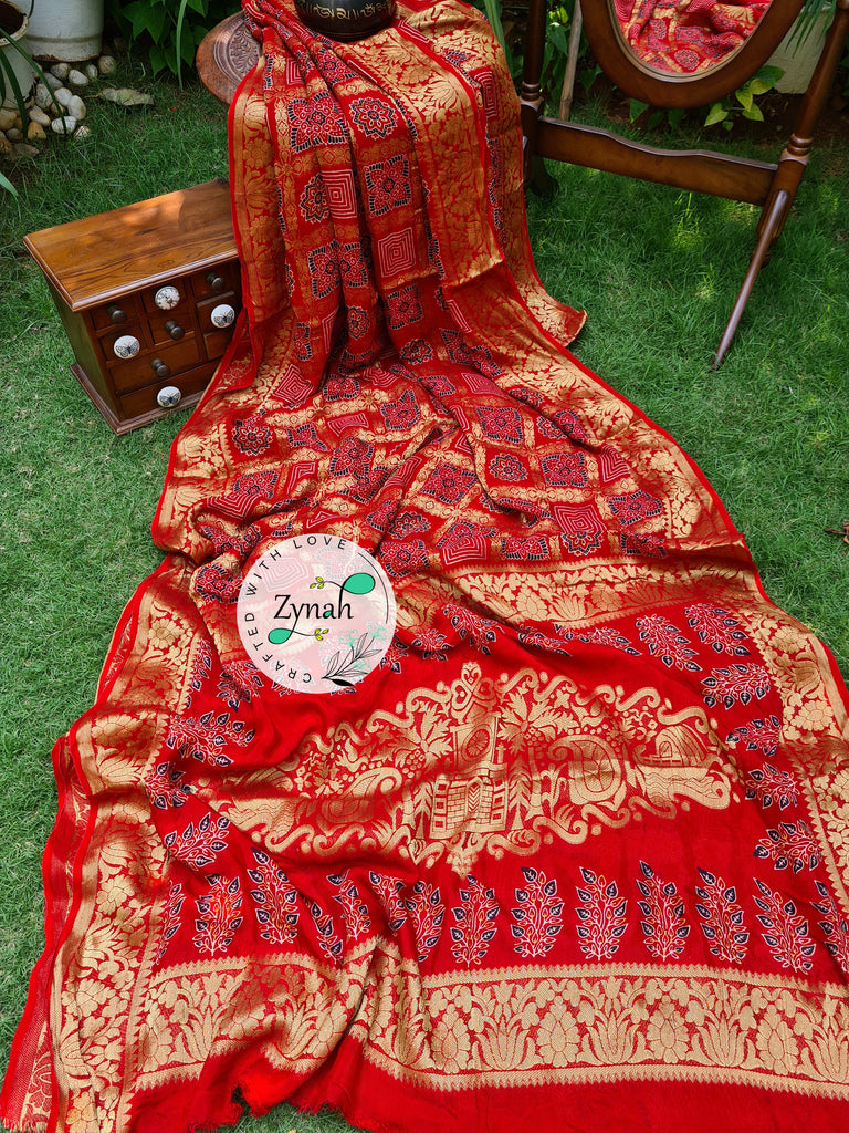 Zynah Pure Munga Silk Saree with Ajrakh Prints & Gharchola Zari Weave; Custom Stitched/Ready-made Blouse, Fall, Petticoat; Shipping available USA, Worldwide