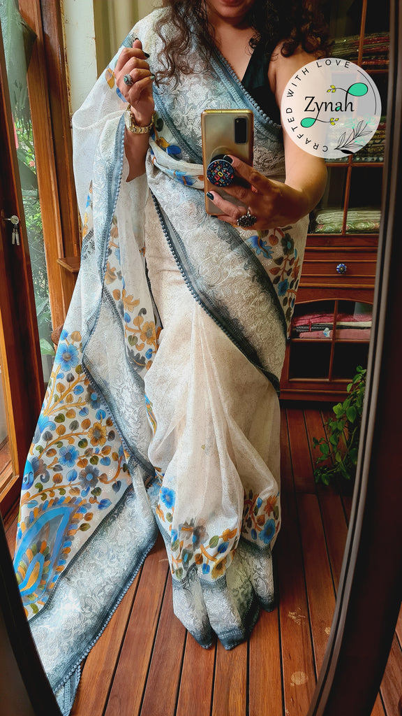 Zynah Premium Quality Pure Kora Silk Saree with Hand-painted Kalamkari Designs, Chikankari Embroidery; Custom Stitched/Ready-made Blouse, Fall, Petticoat; Shipping available USA, Worldwide