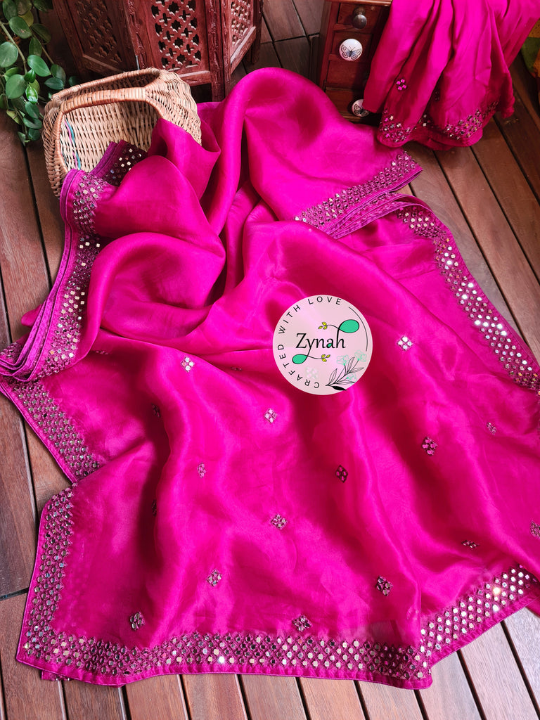 Zynah Pure Organza Silk Saree with Mirror Kutchi Work; Custom Stitched/Ready-made Blouse, Fall, Petticoat; Shipping available USA, Worldwide