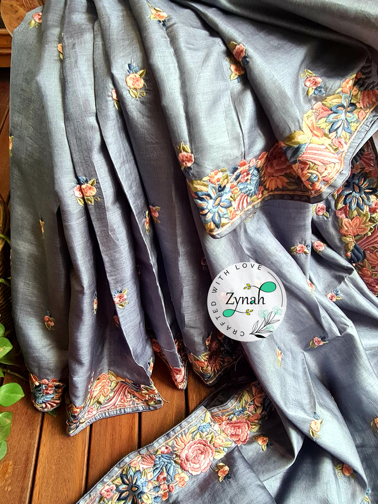 Zynah Grey Color Pure Handwoven Tussar Silk Parsi Gara Inspired Resham Thread Embroidery Saree; Custom Stitched/Ready-made Blouse, Fall, Petticoat; Shipping available USA, Worldwide