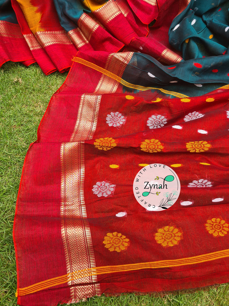 Zynah Green & Red Color Pure Handspun Cotton Saree with Zari Weave Border; Custom Stitched/Ready-made Blouse, Fall, Petticoat; Shipping available USA, Worldwide