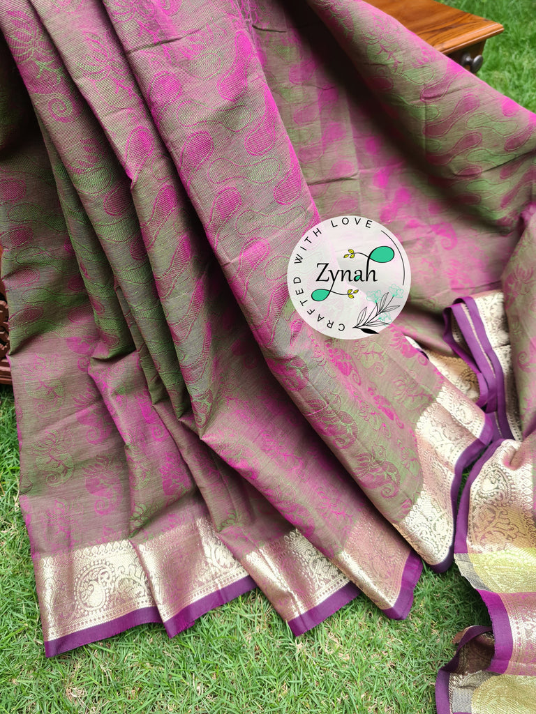 Zynah Violet Color Pure Handspun Cotton Saree with Zari Weave Border; Custom Stitched/Ready-made Blouse, Fall, Petticoat; Shipping available USA, Worldwide