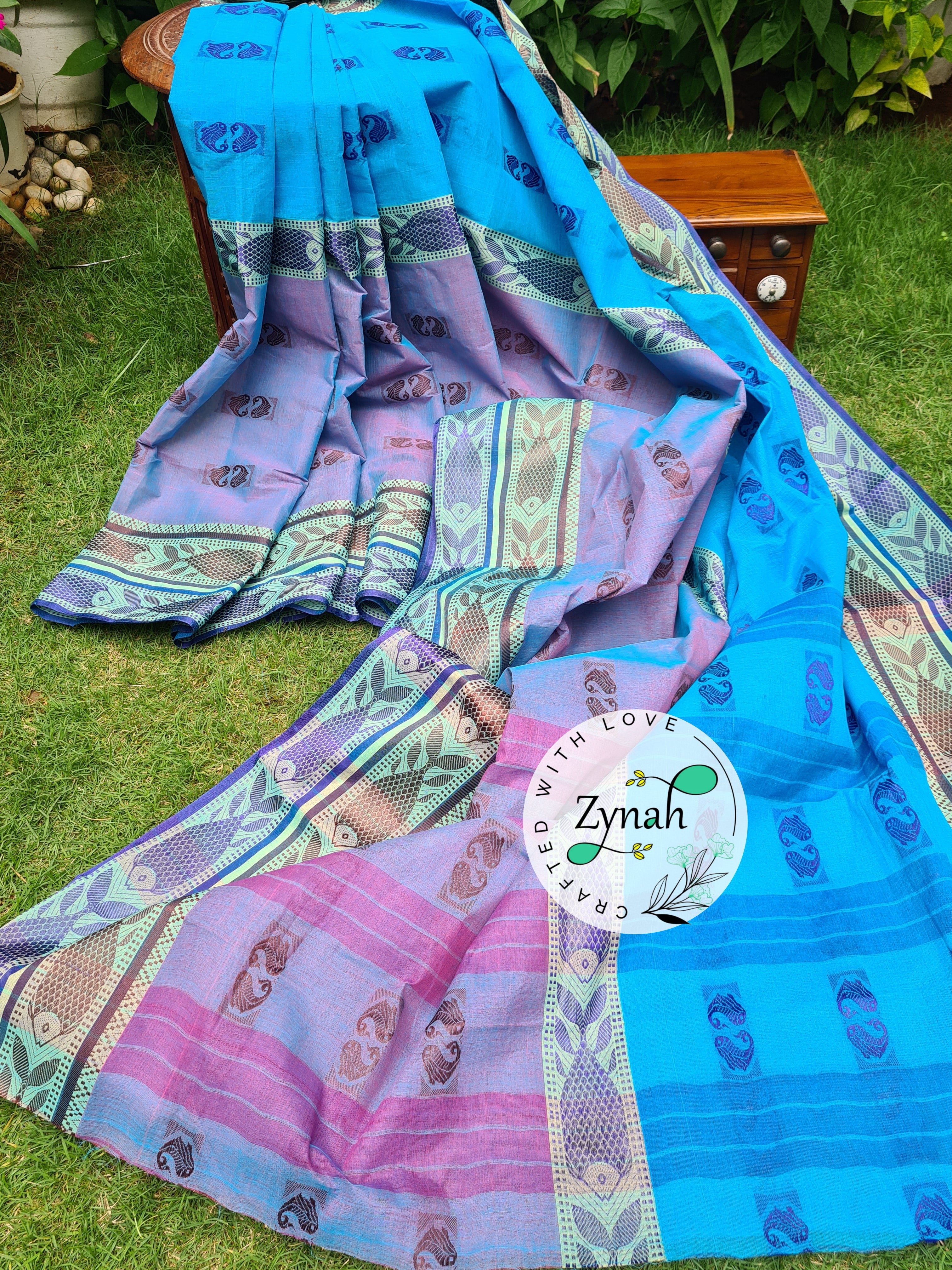 Zynah Blue Color Pure Handspun Cotton Saree with Zari Weave Border; Custom Stitched/Ready-made Blouse, Fall, Petticoat; Shipping available USA, Worldwide Zynah Blue Color Pure Handspun Cotton Saree with Zari Weave Border; Custom Stitched/Ready-made Blouse, Fall, Petticoat; Shipping available USA, Worldwide