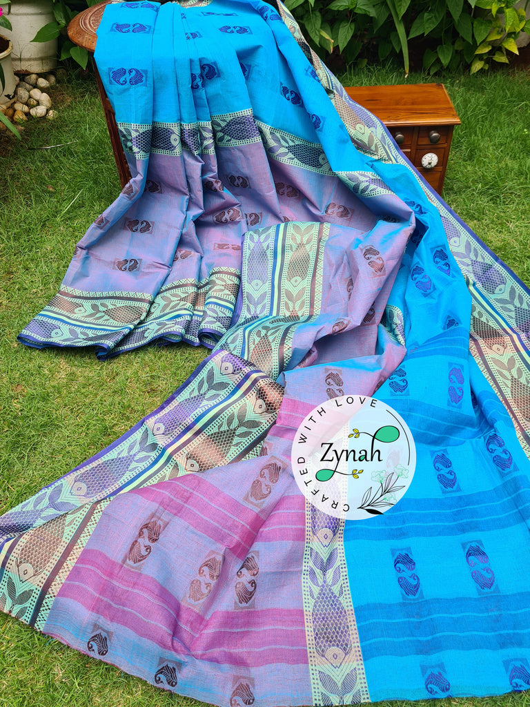Zynah Blue Color Pure Handspun Cotton Saree with Zari Weave Border; Custom Stitched/Ready-made Blouse, Fall, Petticoat; Shipping available USA, Worldwide