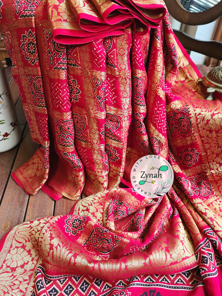 Zynah Pure Munga Silk Saree with Ajrakh Prints & Gharchola Zari Weave; Custom Stitched/Ready-made Blouse, Fall, Petticoat; Shipping available USA, Worldwide