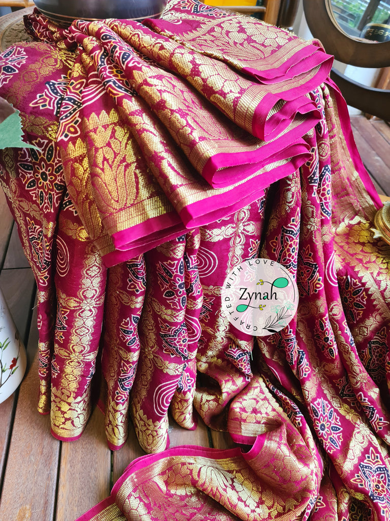 Zynah Pure Munga Silk Saree with Ajrakh Prints & Gharchola Zari Weave; Custom Stitched/Ready-made Blouse, Fall, Petticoat; Shipping available USA, Worldwide