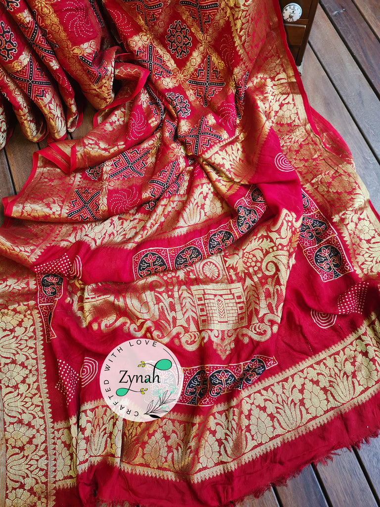 Zynah Pure Munga Silk Saree with Ajrakh Prints & Gharchola Zari Weave; Custom Stitched/Ready-made Blouse, Fall, Petticoat; Shipping available USA, Worldwide
