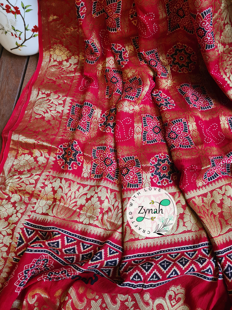 Zynah Pure Munga Silk Saree with Ajrakh Prints & Gharchola Zari Weave; Custom Stitched/Ready-made Blouse, Fall, Petticoat; Shipping available USA, Worldwide