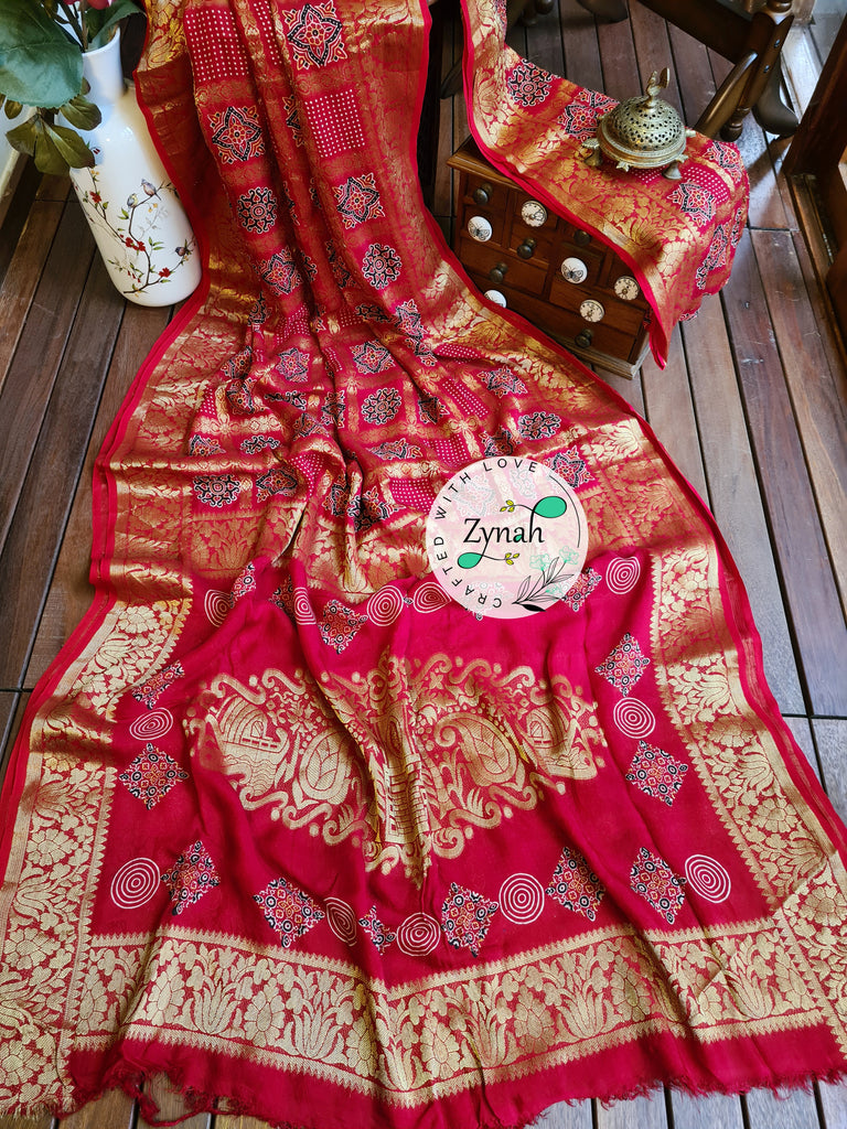 Zynah Pure Munga Silk Saree with Ajrakh Prints & Gharchola Zari Weave; Custom Stitched/Ready-made Blouse, Fall, Petticoat; Shipping available USA, Worldwide