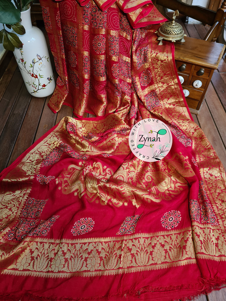 Zynah Pure Munga Silk Saree with Ajrakh Prints & Gharchola Zari Weave; Custom Stitched/Ready-made Blouse, Fall, Petticoat; Shipping available USA, Worldwide