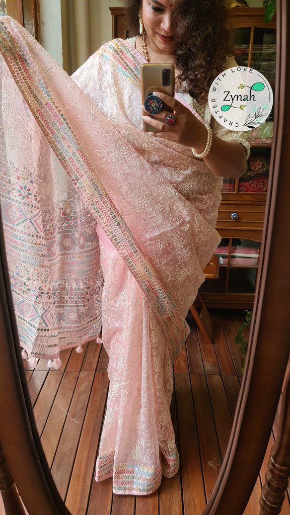 Zynah Pure Organza Silk Saree with Kantha Style Embroidery; Custom Stitched/Ready-made Blouse, Fall, Petticoat; Shipping available USA, Worldwide
