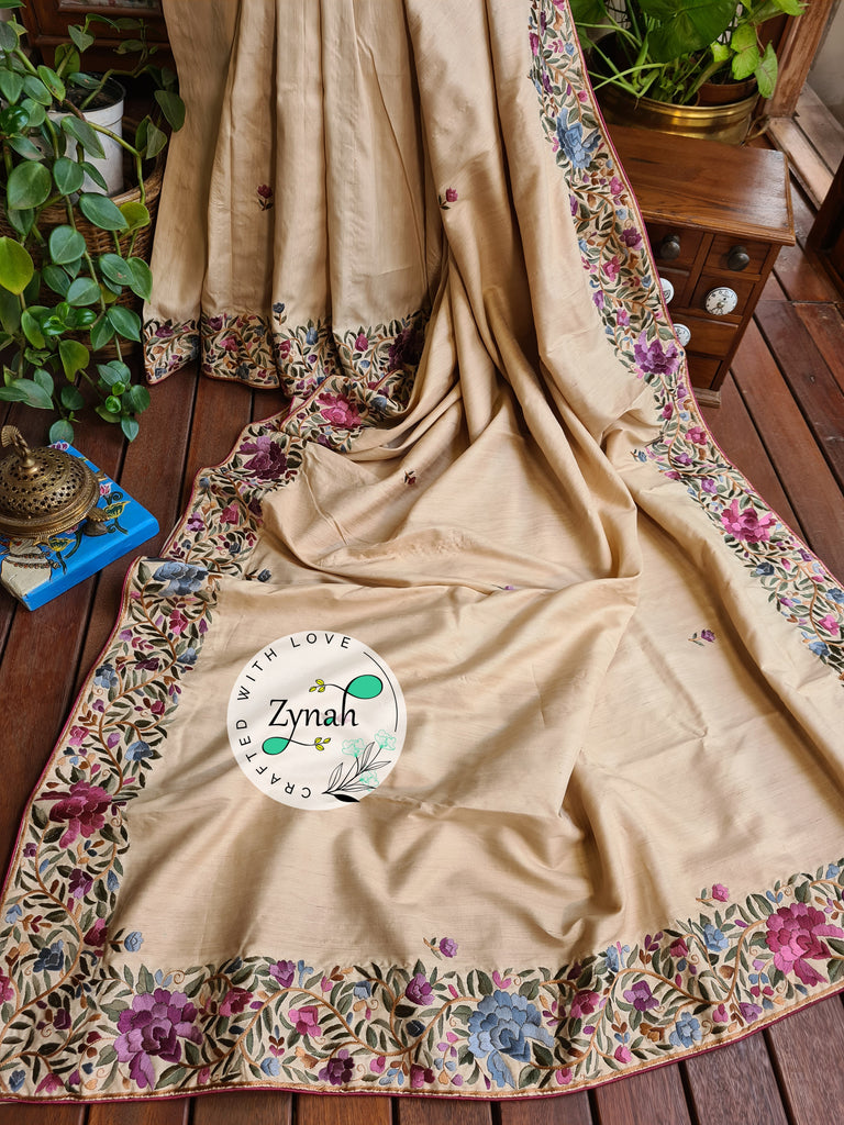 Zynah Beige Color Pure Tussar Silk Parsi Gara Handcrafted Saree; Custom Stitched/Ready-made Blouse, Fall, Petticoat; Shipping available USA, Worldwide