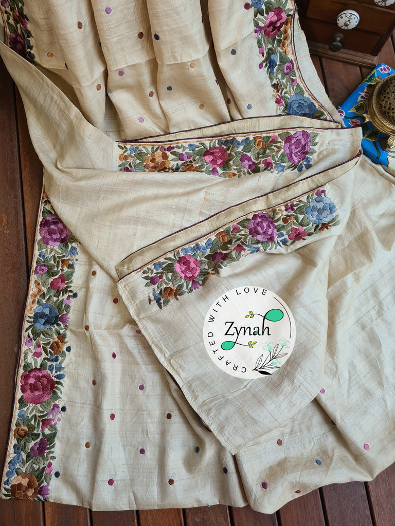 Zynah Off-white Color Made to Order Pure Tussar Silk Parsi Gara Handcrafted Saree; Custom Stitched/Ready-made Blouse, Fall, Petticoat; Shipping available USA, Worldwide