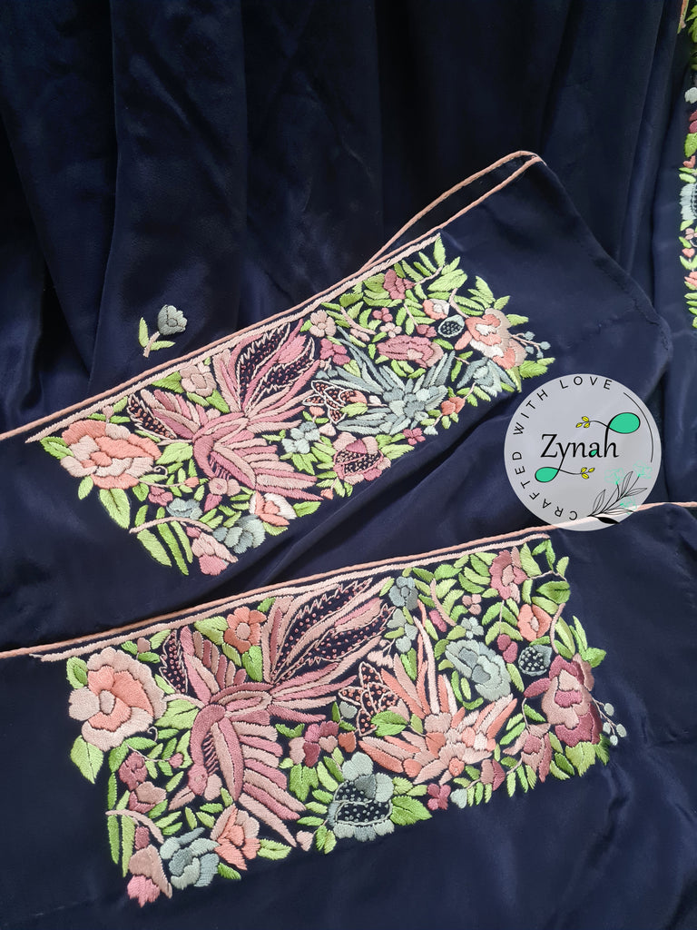 Zynah Blue Color Made to Order Pure Crepe Silk Parsi Gara Handcrafted Saree; Custom Stitched/Ready-made Blouse, Fall, Petticoat; Shipping available USA, Worldwide