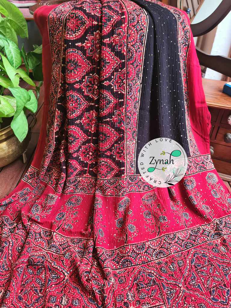 Zynah Black & Red Color Pure Georgette Sequence Work Saree with Ajrakh Handblock Prints; Custom Stitched/Ready-made Blouse, Fall, Petticoat; Shipping available USA, Worldwide