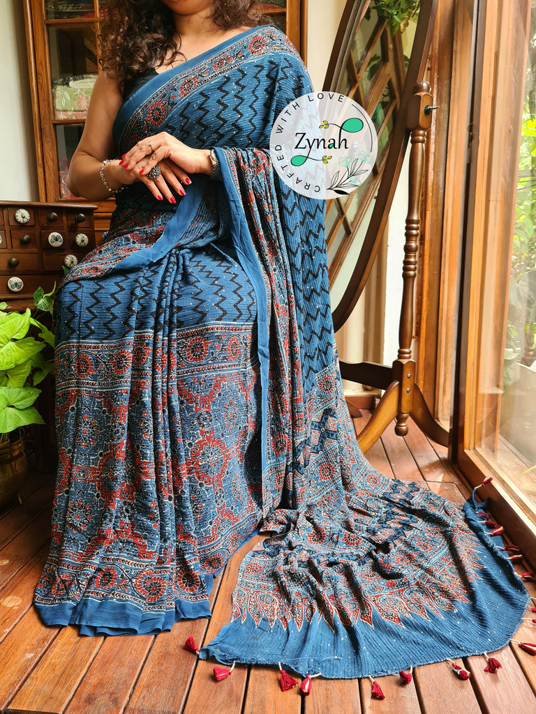 Zynah Blue Color Pure Georgette Sequence Work Saree with Ajrakh Handblock Prints; Custom Stitched/Ready-made Blouse, Fall, Petticoat; Shipping available USA, Worldwide
