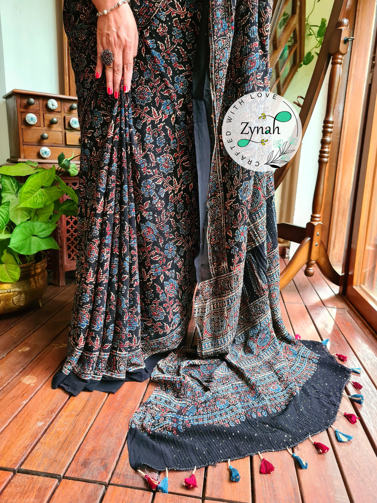 Zynah Black Color Pure Georgette Sequence Work Saree with Ajrakh Handblock Prints; Custom Stitched/Ready-made Blouse, Fall, Petticoat; Shipping available USA, Worldwide