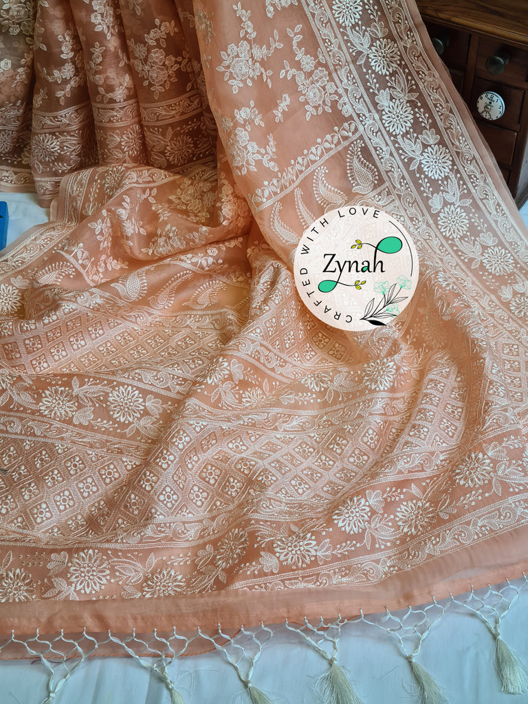 Zynah Peach Color Pure Organza Chikankari Saree in Pastel Shade; Custom Stitched/Ready-made Blouse, Fall, Petticoat; Shipping available USA, Worldwide