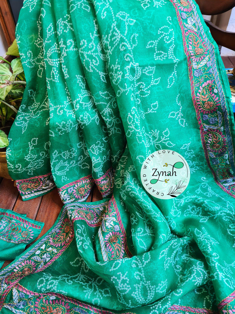 Zynah Green Color Pure Organza Silk Saree with Bandhani Prints & Kantha Embroidery; Custom Stitched/Ready-made Blouse, Fall, Petticoat; Shipping available USA, Worldwide