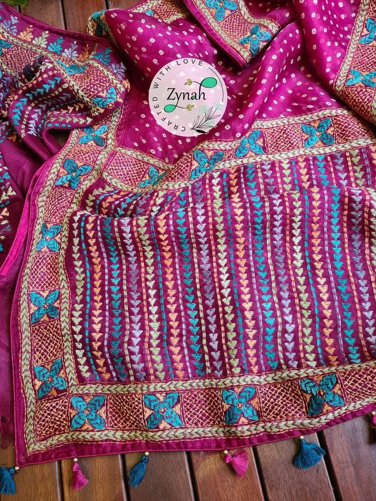 Zynah Pink Color Pure Organza Silk Saree with Bandhani Prints & Kantha Embroidery; Custom Stitched/Ready-made Blouse, Fall, Petticoat; Shipping available USA, Worldwide