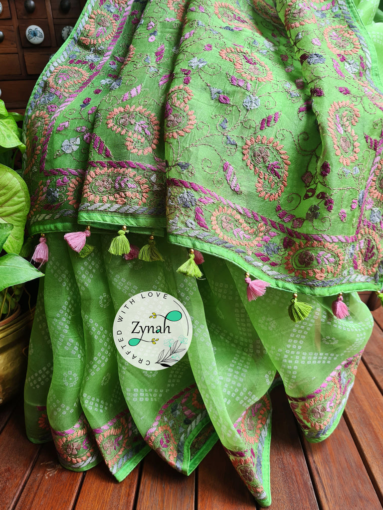 Zynah Light Green Color Pure Organza Silk Saree with Bandhani Prints & Kantha Embroidery; Custom Stitched/Ready-made Blouse, Fall, Petticoat; Shipping available USA, Worldwide
