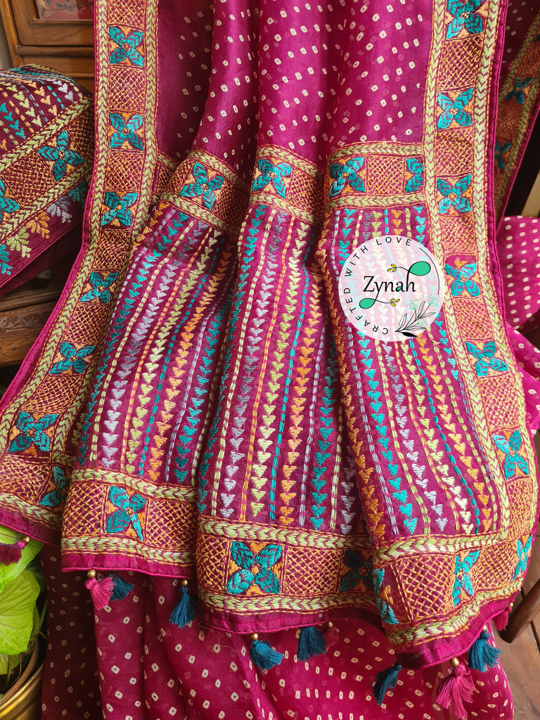 Zynah Pink Color Pure Organza Silk Saree with Bandhani Prints & Kantha Embroidery; Custom Stitched/Ready-made Blouse, Fall, Petticoat; Shipping available USA, Worldwide