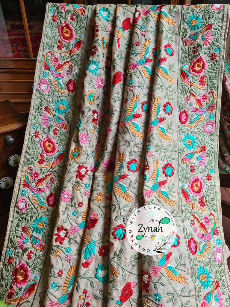 Zynah Tussar Color 2 Pure Tussar Silk Parsi Gara Inspired Embroidery Saree; Custom Stitched/Ready-made Blouse, Fall, Petticoat; Shipping available USA, Worldwide